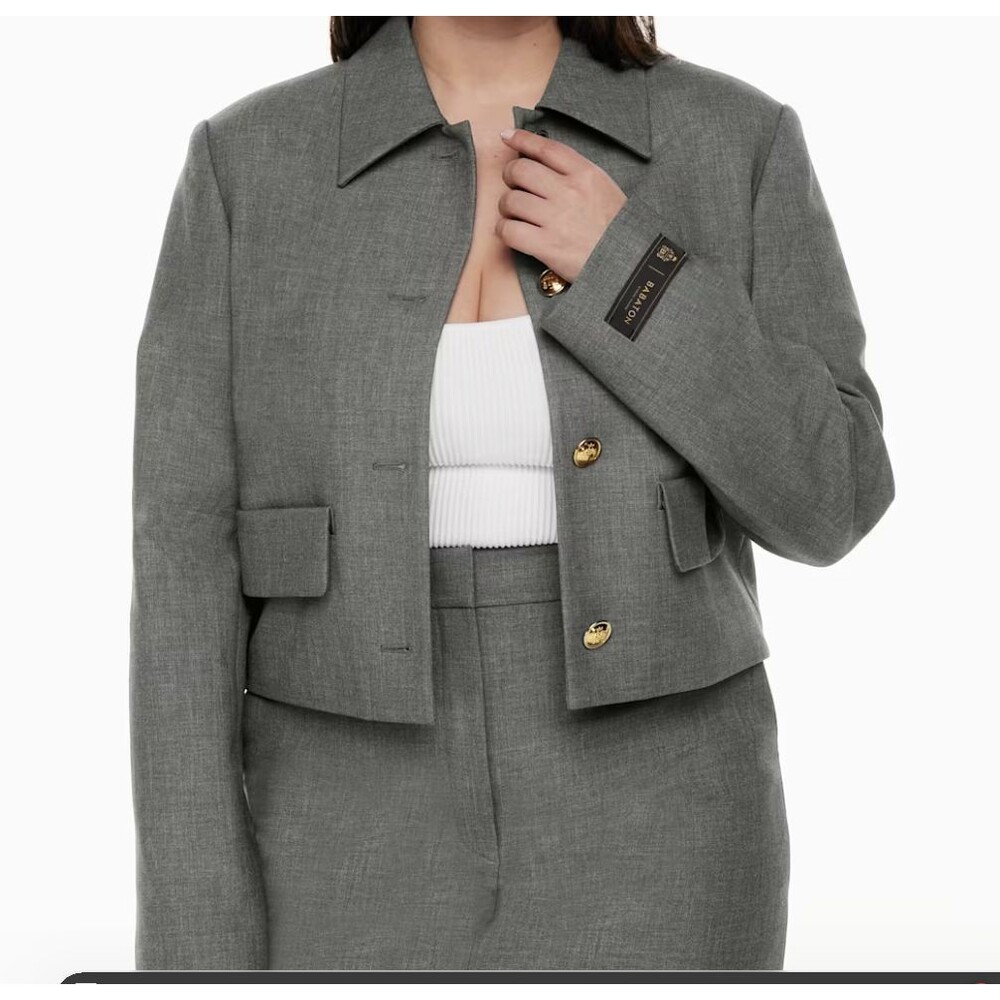 Babaton Frances Jacket Blazer Womens M Gray Cropped Gold Button Tailored Office